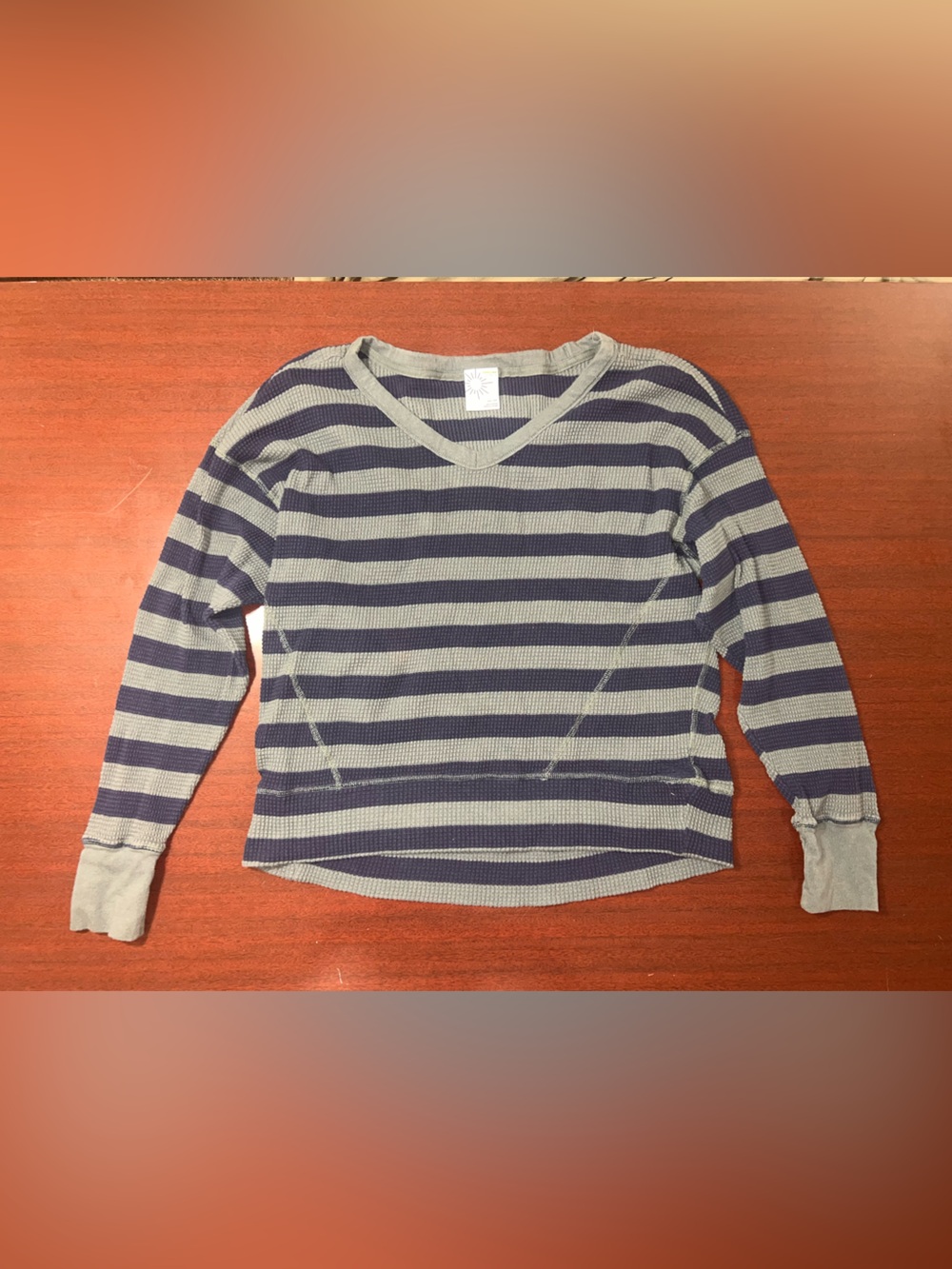 aerie Striped V-Neck Long Sleeve Top in Navy and Gray